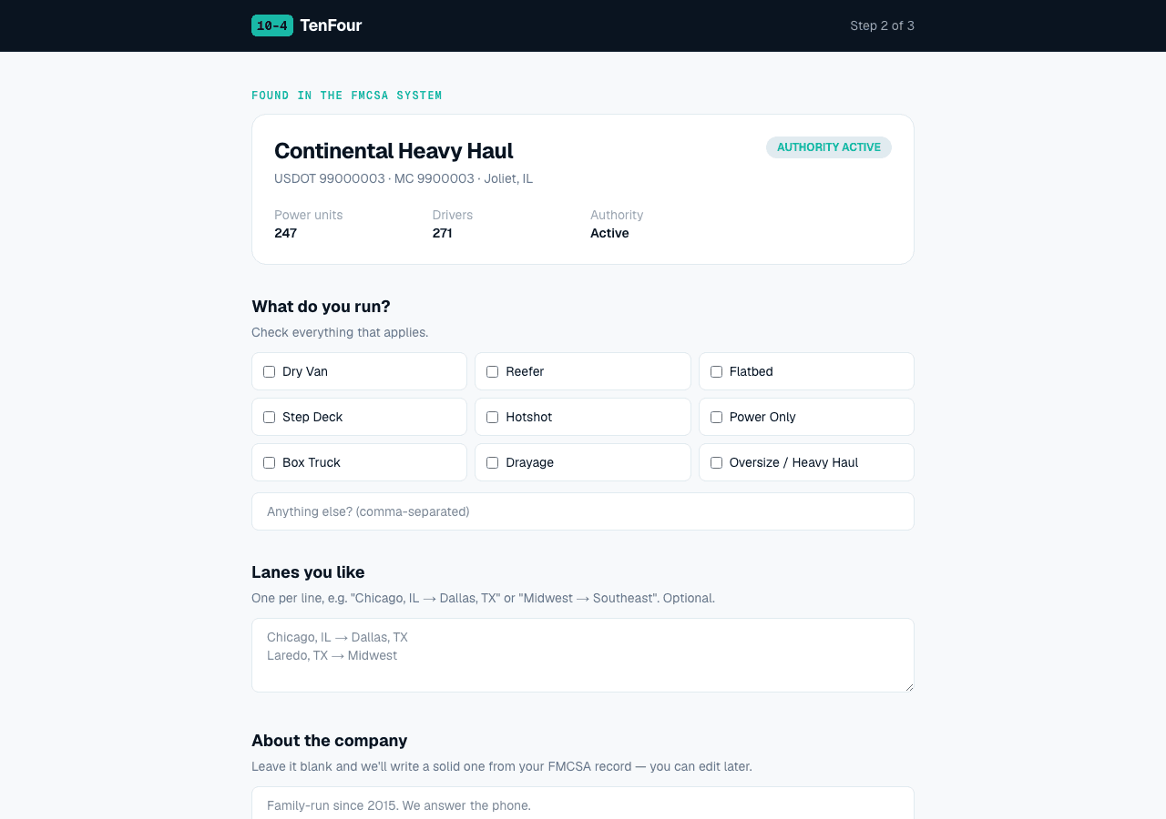 TenFourHQ onboarding: company details prefilled from the FMCSA record after entering a DOT number