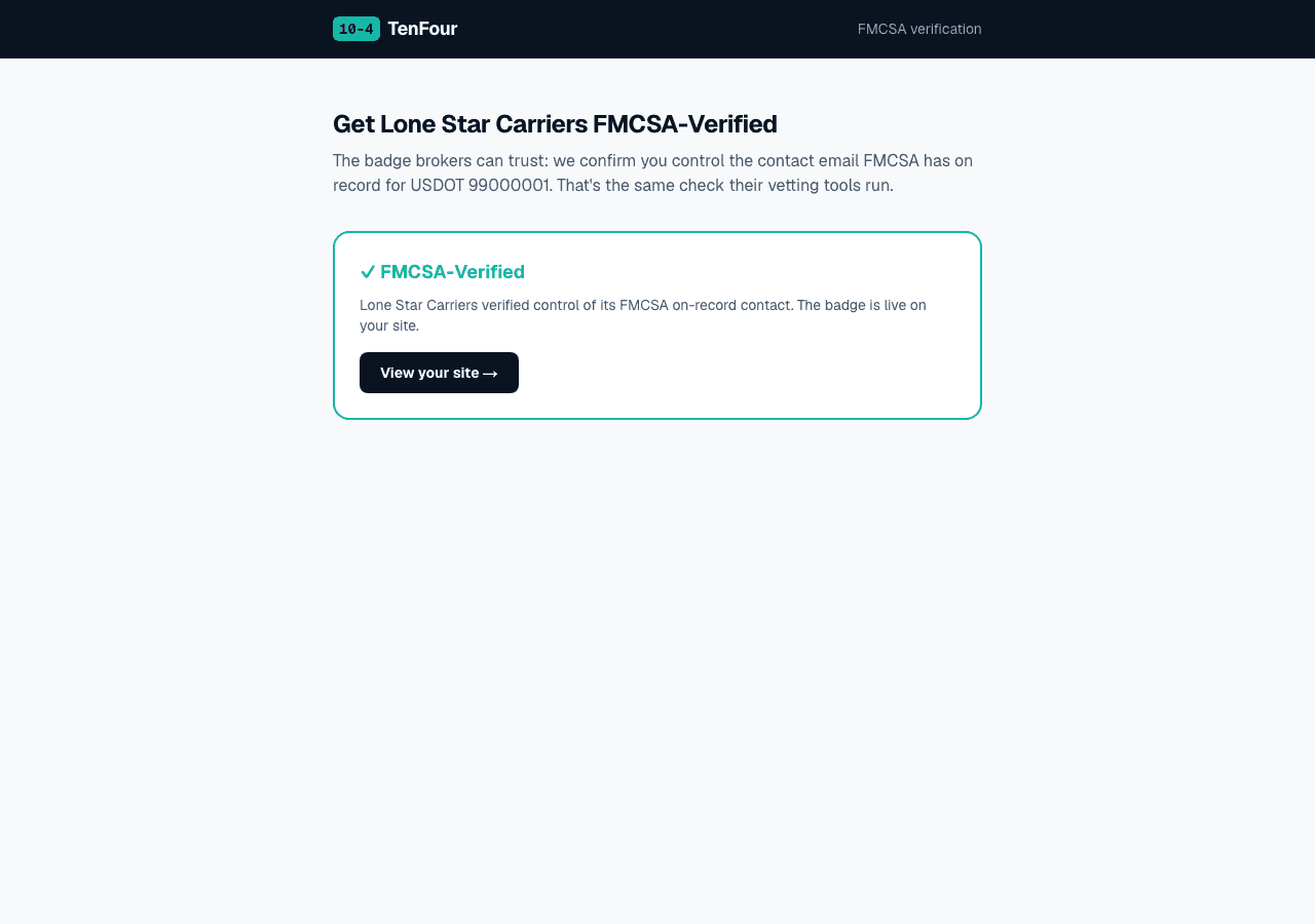 TenFourHQ FMCSA verification complete — the FMCSA-Verified badge is live